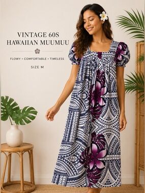 Vintage 60s Hawaiian Muumuu Dress Purple Floral Boho Midi Size M